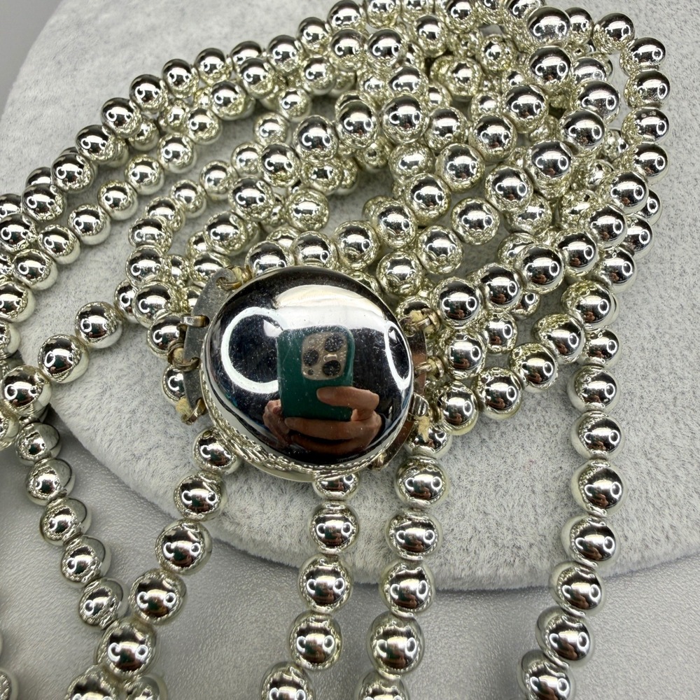 Vintage Ball Bead Necklace Silver Tone Multi Strand MCM 16"